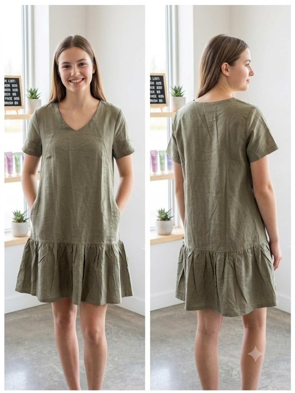 Olive Short Sleeve V-Neck Ruffle Hem Midi Dress